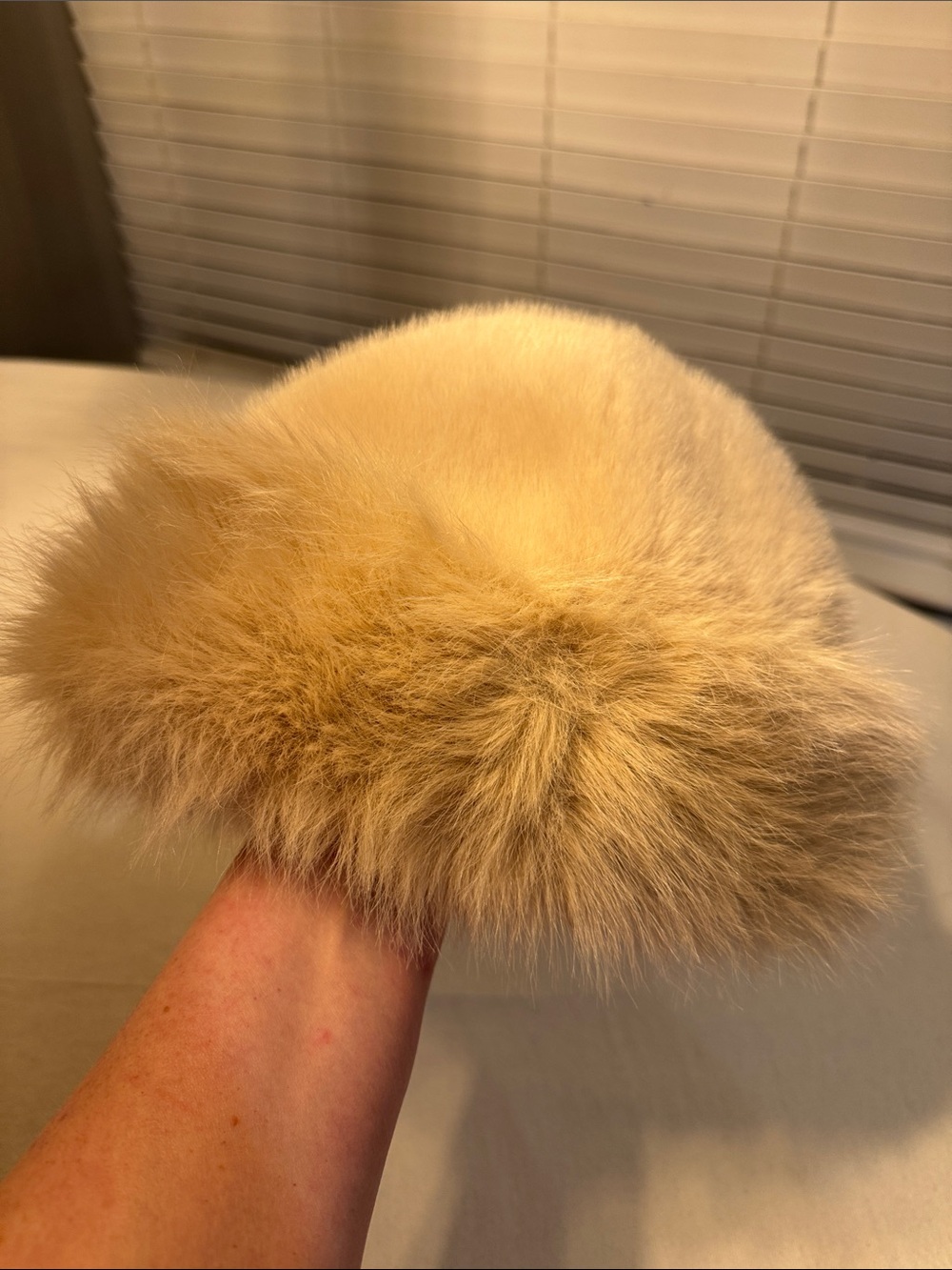 Plush Beige Faux Fur Pom Hat